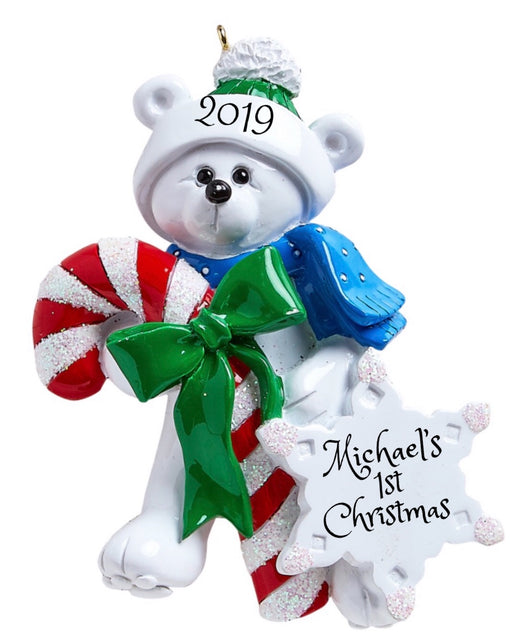 Snowy Candy Cane Bear - ornaments 365